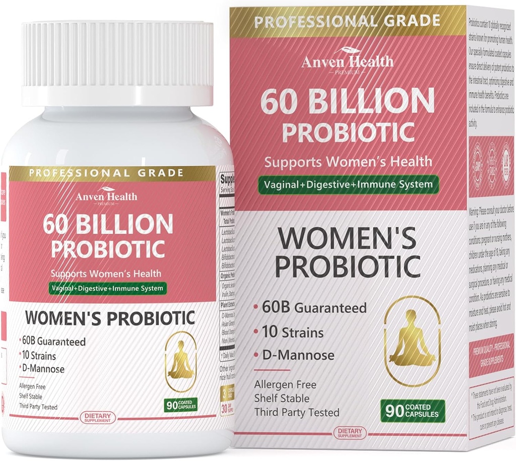 Kadın pH Dengesi ve Digestion- 60 Milyar CFU Vaginal Probiyotiks with Cranberry D-Mannose, Vegan & Non-GMO for Urinary Tract & Immune | 90 Caps