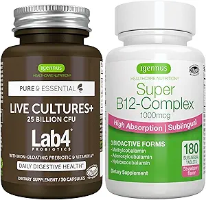 Canlı Kültürler+ Lab4 Probiyotiks + Super B12-Complex, Vegan Sche, 25 Milyar CFU Lactobacillus Acidofilius ve Bifidobacterium + High Abxia Sublingual B12, by Igennus