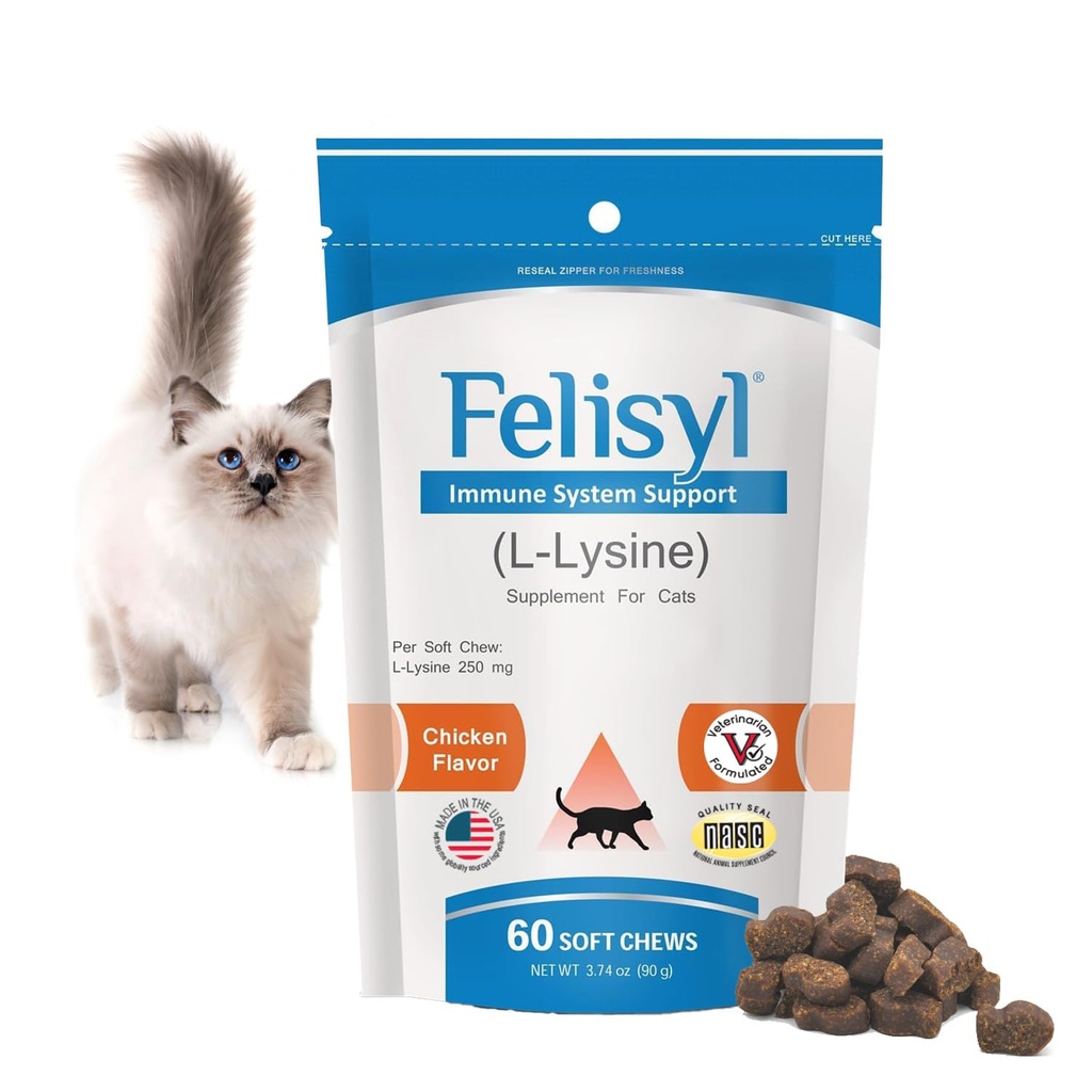 Immune System Support for Cats - Amino Acid L-Lysine - Produce Antibodies - Healthy Tissue, Respiratory Health, Vision - 60 Soft Chews