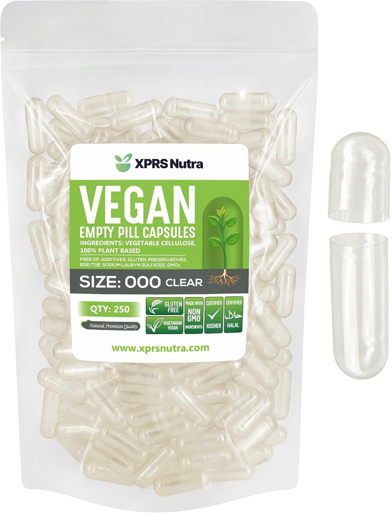 XPRS Nutra Vegan Boyutu 000 Boş Kapsüller - 250 Kont Clear Boş Vegan Capsules - Vejetaryen Pill - DIY - Veggie Pill Caps Pills