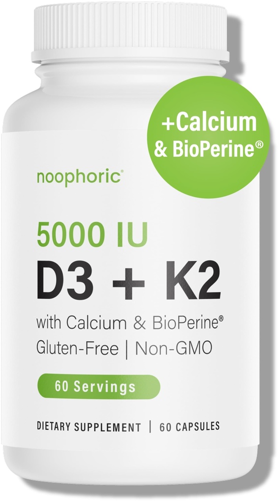 Noophoric D3 K2 Vitamin 5000 IU - Vitamin K2 100 mcg MK7, Kalsiyum, BioPerine - Bone Health & Immune Support Supplement - Gluten-Free, Non-GMO - Vitamin D3 K2 Supplement (60 Hizmet)