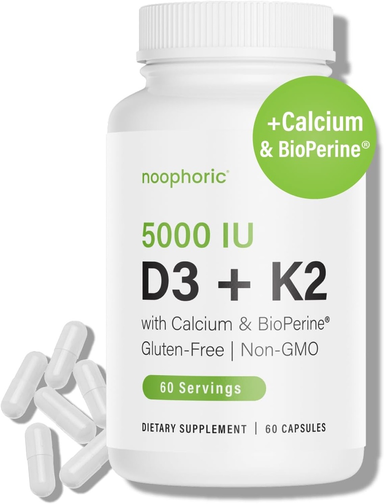 Noophoric D3 K2 Vitamin 5000 IU - Vitamin K2 100 mcg MK7, Kalsiyum, BioPerine - Bone Health & Immune Support Supplement - Gluten-Free, Non-GMO - Vitamin D3 K2 Supplement (60 Hizmet)
