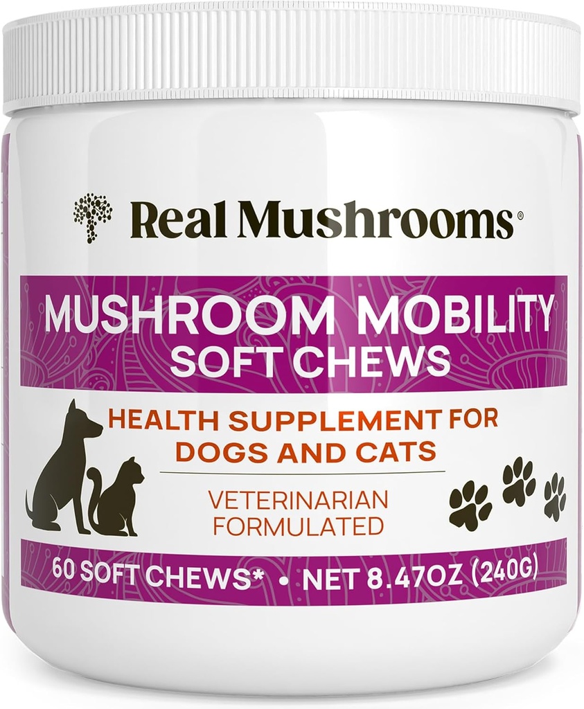 Real Mushrooms Mobility Chews for Dogs & Cats – Green Lipped Mussel & ErgoGold Mushroom Blend – Dogs & Cat Vitamins Treats for Active Routines – Joint, Hip & Flexibility Support – 240 ct Supplement