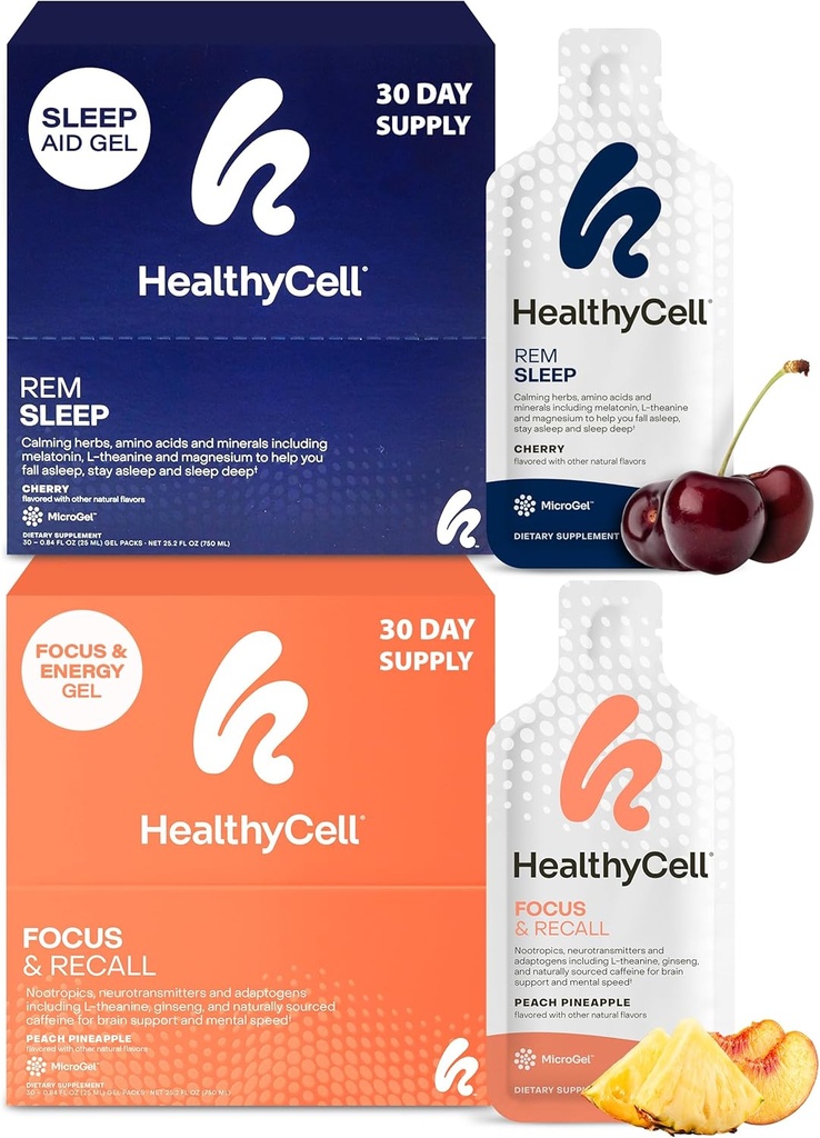 Healthycell REM Sleep Aid Supplement + Focus & Recall Brain Supplement for Memory & Focus Bundle