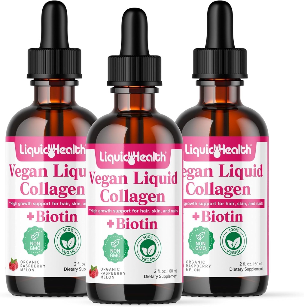 LIQUIDHEALTH 100% Vegan Collagen Plus Biotin 100,000mcg Liquid Drops - Plant-Based Liquid Collagen for Women & Men - Hair & Nail Growth, Skin Health, Boosts Metabolism - Made in USA, Non-GMO (3 Pack)