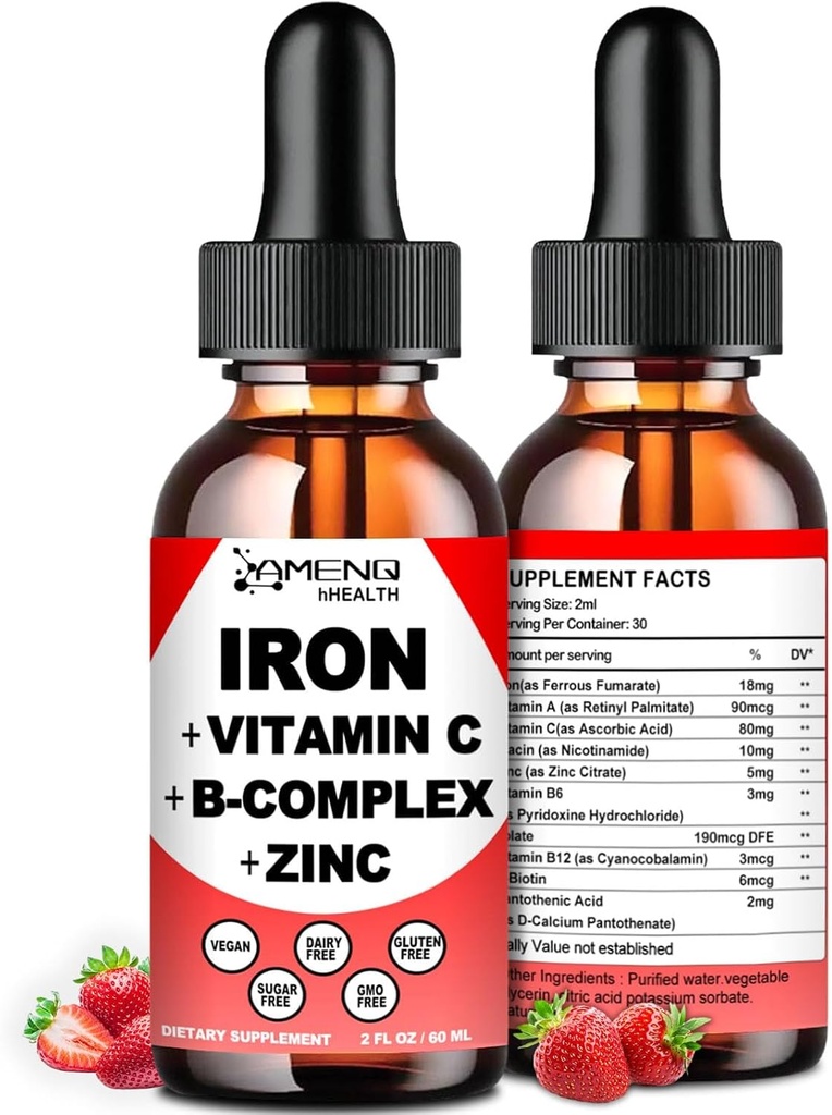 Sıvı Demir Supplement w/Vitamin C, A, B-Complex, Vegan Iron Drops Kadınlar, Erkekler ve Çocuklar için Yüksek Potency Sıvı Vitamin & Demir Supplements - Red Blood Hücre, Enerji, Anemi & Fatigue