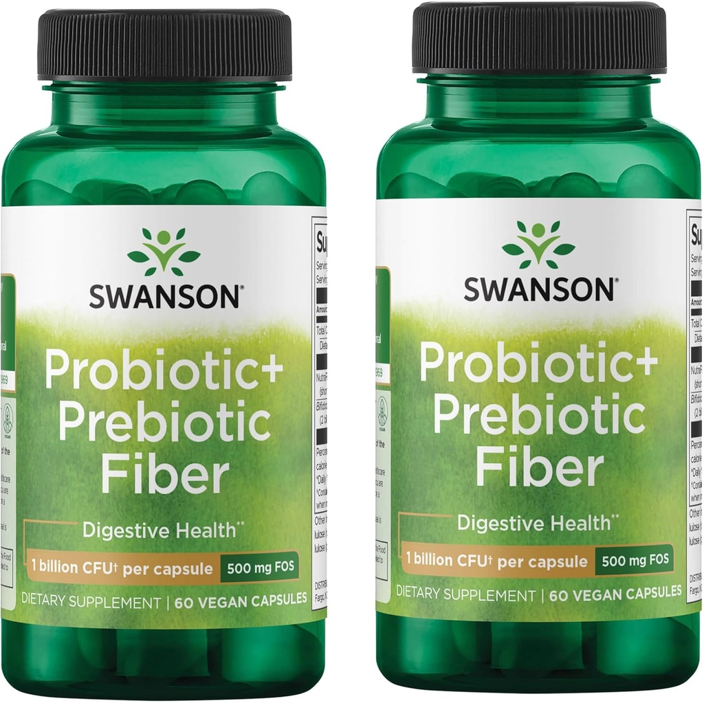Swanson Prebiyotik + Probiyotik Fiber - Doğal Supplement Digestive System & Immune Health Support - Aids Regularity & GI Tract Health - (60 Capsules, 500 Milyon CFU Her) (2 Paket)