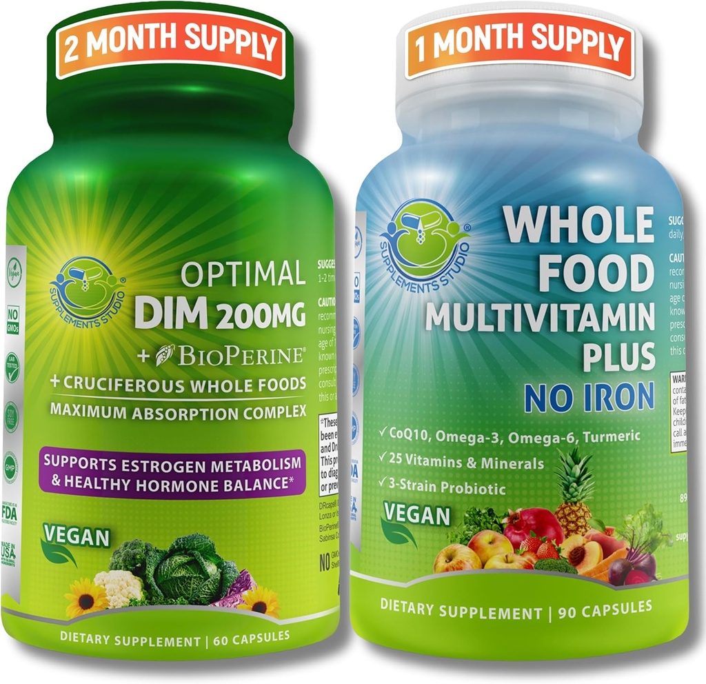Vegan Multi-system Support with CoQ10, Omega-3, Probiyotiks & Turmeric - Optimal DIM 200 mg with BioPerine & Cruciferous Sebzes & Whole Food Multivitamin Plus (No Iron) for Men & Women - Clean Label