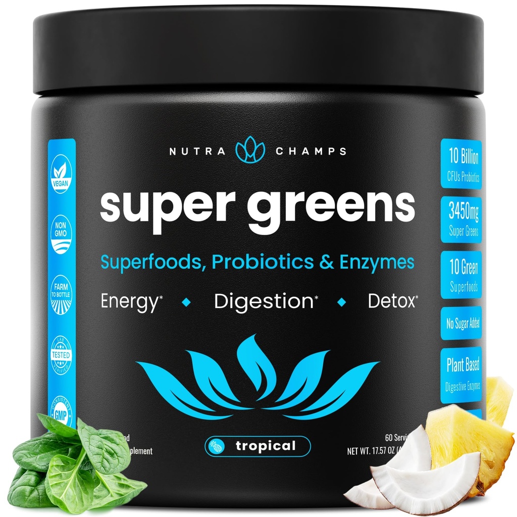 NutraChamps Super Greens Toz Premium Superfood | 20+ Organik Yeşil Veggie Tüm Gıdalar | Buğday Çim, Spirulina, Chlorella | Antioksi, Digestive Enzyme & Probiyotik Mixs (9.1 OZ, Tropikal)