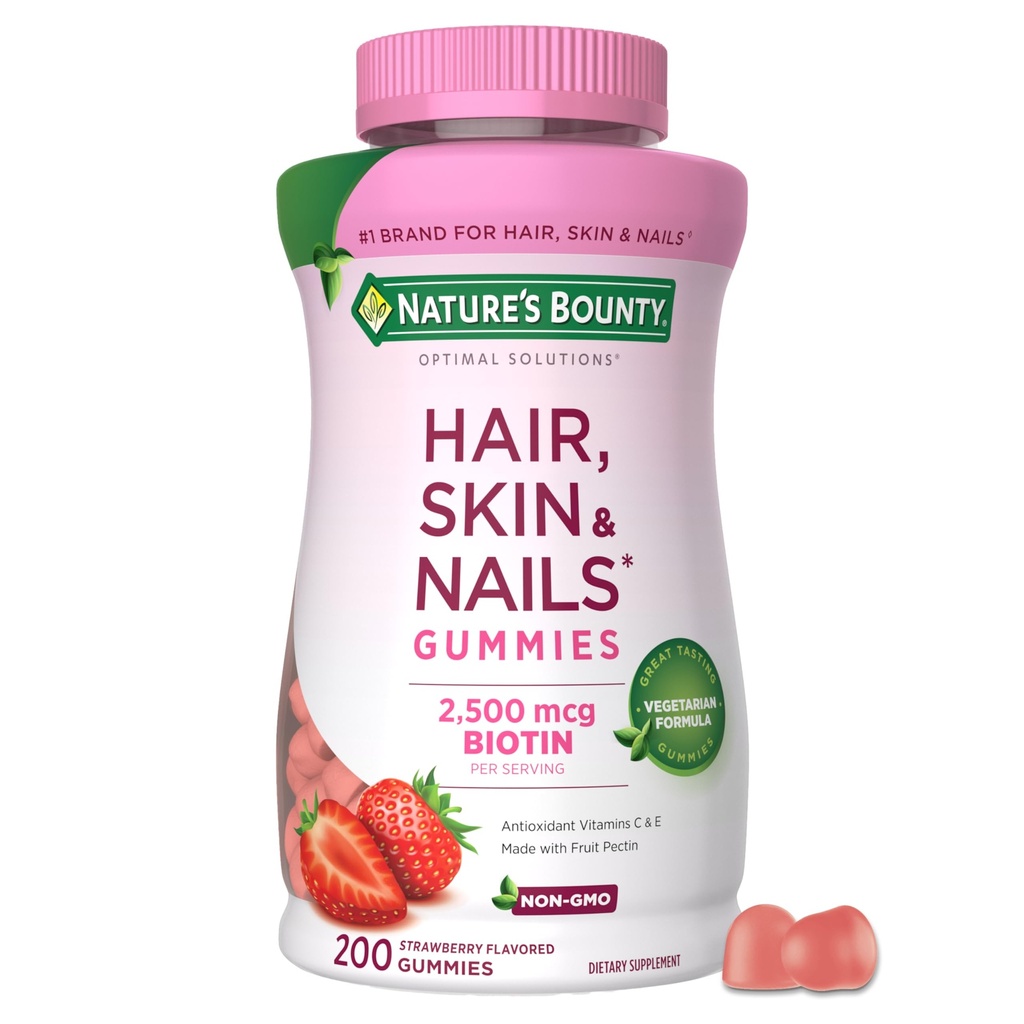 Nature's Bounty Optimal Solutions Saç, Skin ve Nails Pectin Gummies, 2500 mcg Biotin Per Service, No Stick Gummy, Vegetarian Formula, Strawberry Flavor, 200 sayı, 100 Toplam Hizmetler