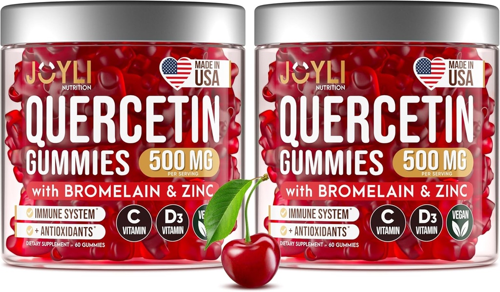 2 Pack - JOYLI Quercetin Gummies με Bromelain, ψευδάργυρο, βιταμίνη C & D3 – συμπλήρωμα κουερσετίνης χωρίς ζάχαρη για ανοσοποιητική υποστήριξη & εποχική ευεξία – 500mg Quercetin για παιδιά και ενήλικες – 60 Gummies ανά συσκευασία