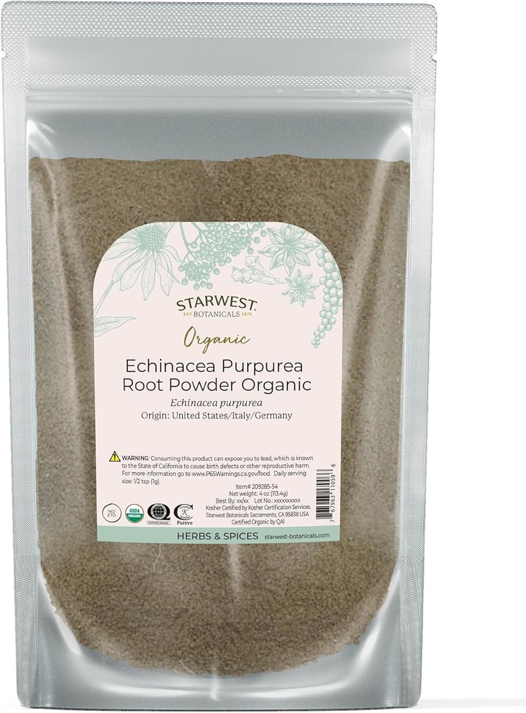 Starwest Βοτανικά Αποξηραμένα Echinacea Purpurea Root Powder Organic - Loose Herb for Tea, Tinctures, & Natural Herbal Blends, Pure Purpleflower, Certified Kosher, Non-GMO - 4 oz Pouch