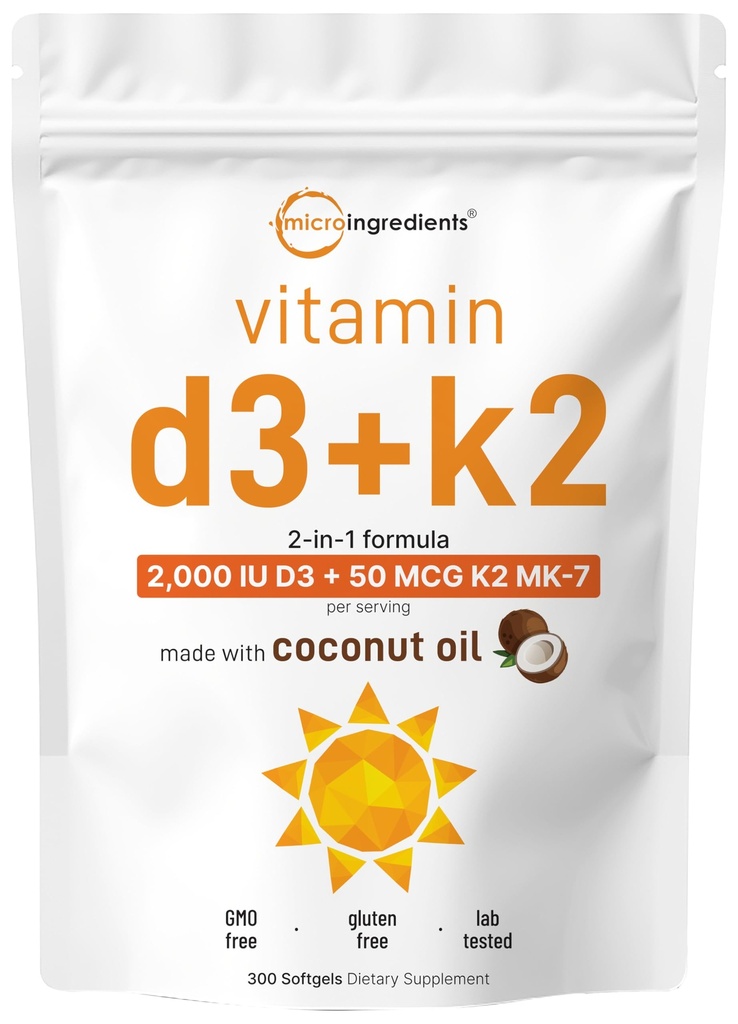 Mikro Malzemeler D3 2,000 IU + K2 MK-7 50 mcg, 300 Softgels | Virgin Coconut Oil | 2in-1 Support | Easy to Swallow, Non-GMO