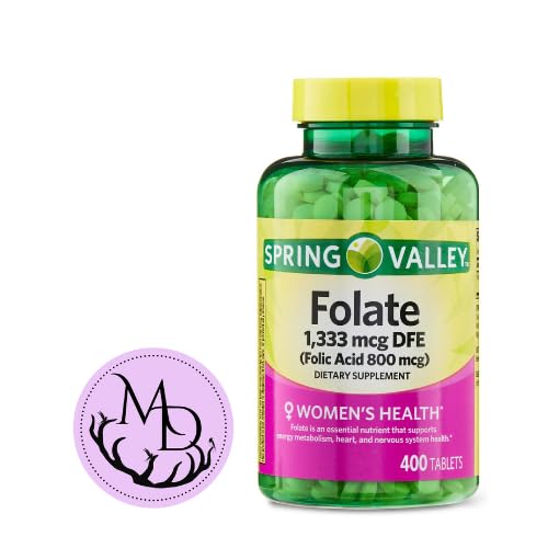 Generic Spring Valley Folate 1,333 mcg DFE, Folic Acid 800 mcg, 400 Tablet - Diyet Tamam, Kadın Sağlığı Boost, Metabolism & Heart Support - Sche with+ Resim Dri Store