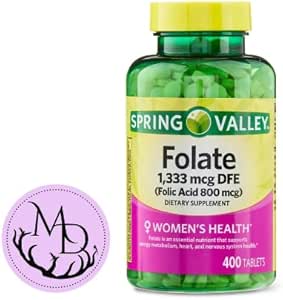 Generic Spring Valley Folate 1,333 mcg DFE, Follic Acid 800 mcg, 400 Tablets - Συμπλήρωμα διατροφής, Γυναικεία ενίσχυση υγείας, Μεταβολισμός & υποστήριξη καρδιάς - Δέσμη με + Αποθήκευση Sticker Dri