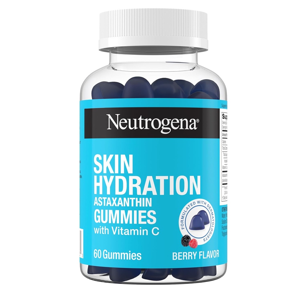 Neutrogena Δερμάτινη Ενυδάτωση Ασταξανθίνη Gummies με Βιταμίνη C, Skincare Συμπληρώματα για Ενυδατωμένο, Ομαλό & Υγιεινό Δέρμα, Καθημερινή Αντιοξειδωτικό Gummies για την Υγεία του Δέρματος, Berry Flavor, 60 ct