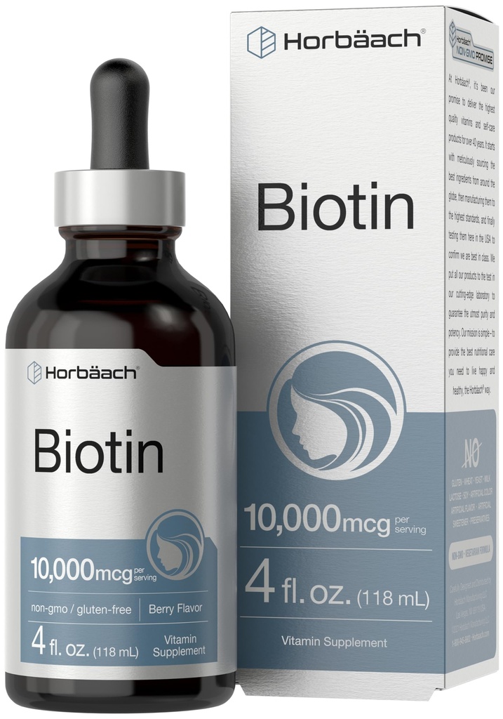 Horbäach Biotin Liquid Drops 1000006 | 4 fl oz | Berry Flavor | Vegetarian, Non-GMO & Gluten Free Supplement Supplement