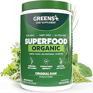 Greens+ Organic RAW Superfood Powder, Super Blend Immune Support, Morning Kick, Energy Boost, Nutrition Vibrant Health, Dietary Supplement, Vegan Soy/Dairy/Gluten Free(8.46oz)