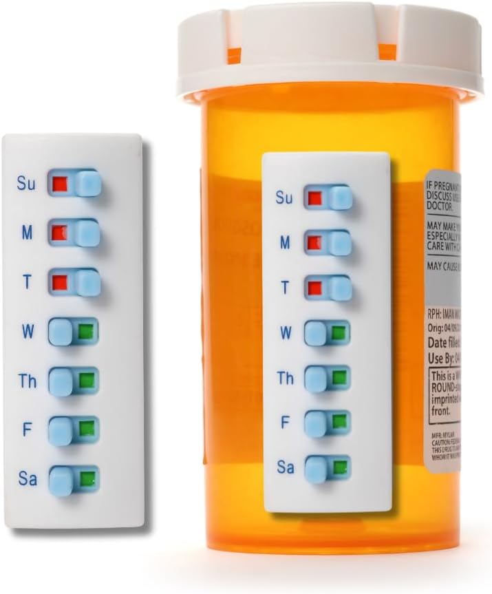 Pel και Stick Reuseable για 12 + Refills, Χάπια / Φάρμακα / Vitamin / Pet Med Tracker & Υπενθύμιση, Συνδέστε στο μπουκάλι σας, Organizer-Free, Curved‐Πίσω (Λευκό, 2-Pack)