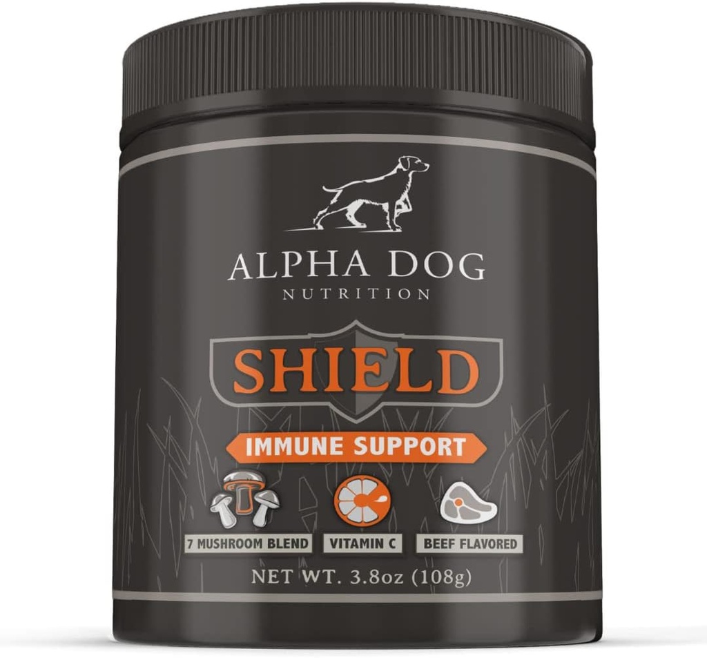Shield Alerji Immune Support Supplement for Dogs by Alpha Dog Beslenme - 7 Beslenme Mushroom Toz Kompleksi + Vitamin C to Boost Immunity - Up to 120 Little Breed Dogs, 108g
