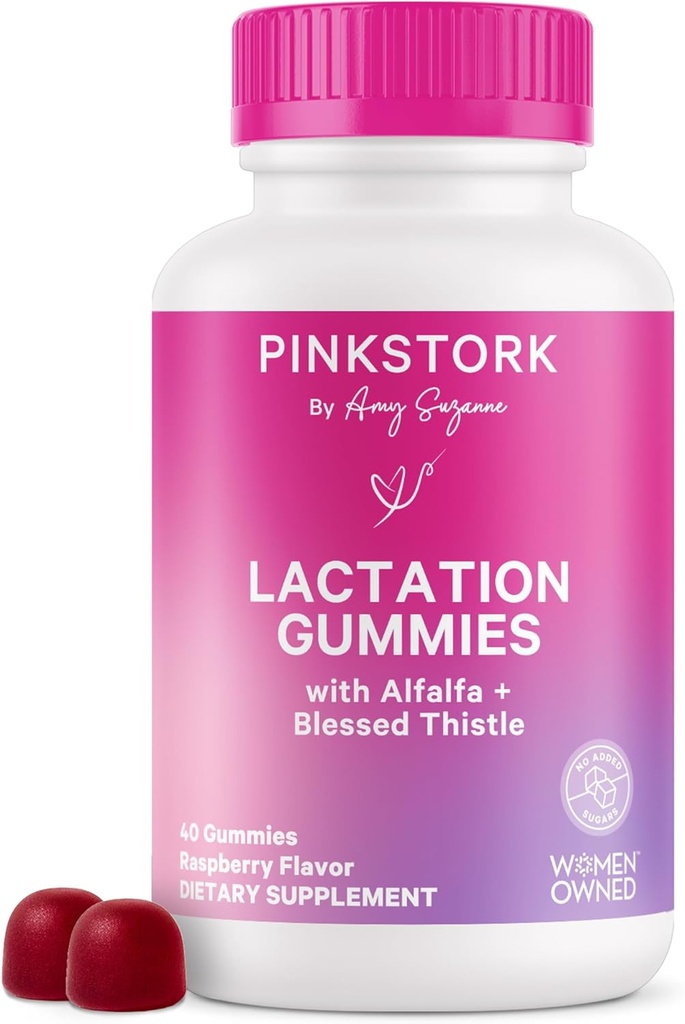 Pink Stork Lactation Supplement Gummies - Süt Butle, Alfalfa, Vitamin D ve B12, Postpartum Recovery, Emziring Essentials - Raspberry, 40 Count