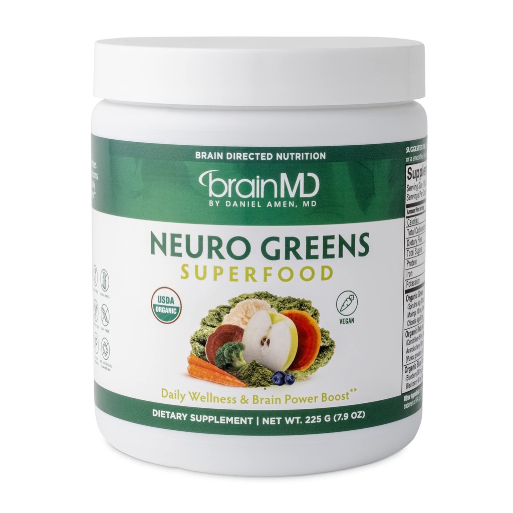 BRAINMD Dr Amen Neuro Greens Superfood - 7.9 oz - Tüm-Body Wellness, Digestion + Immune & Brain Health - Gluten Free - 30 Hizmet