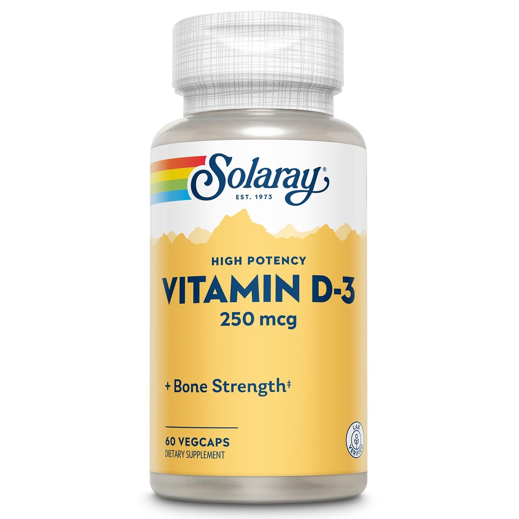 SOLARAY Vitamin D3 10000IU (250 mcg) - Yüksek Potency Vitamin D - Cholecalciferol - Güçlü Bones ve Immune Support Supplement - 60-Day Garanti, 60 Hizmet, 60 VegCaps