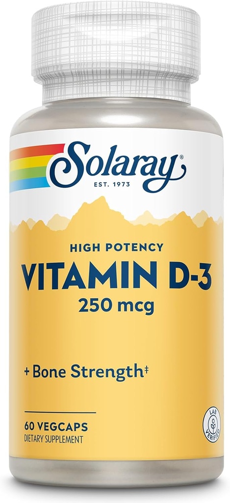 SOLARAY Vitamin D3 10000IU (250 mcg) - Yüksek Potency Vitamin D - Cholecalciferol - Güçlü Bones ve Immune Support Supplement - 60-Day Garanti, 60 Hizmet, 60 VegCaps