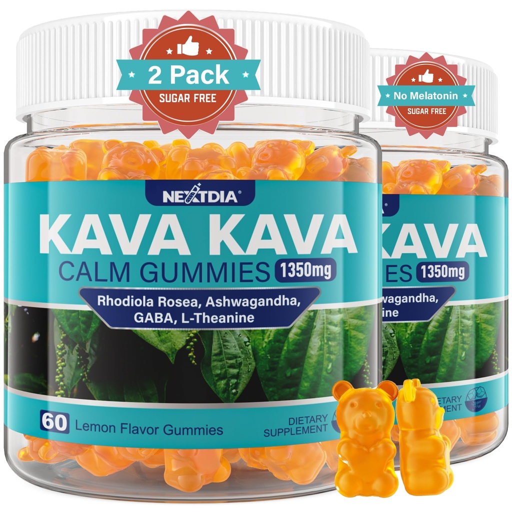 Kava Kava Gummies, Sugar Free Calm Gummies w/Rhodiola Rosea, Ashwagandha, L-Θεανίνη, GABA, Kava χωρίς μελατονίνη Blend για χαλάρωση, ηρεμία και εστίαση - Εναλλακτική για κάψουλες Kava σκόνης, Vegan 120 Ct