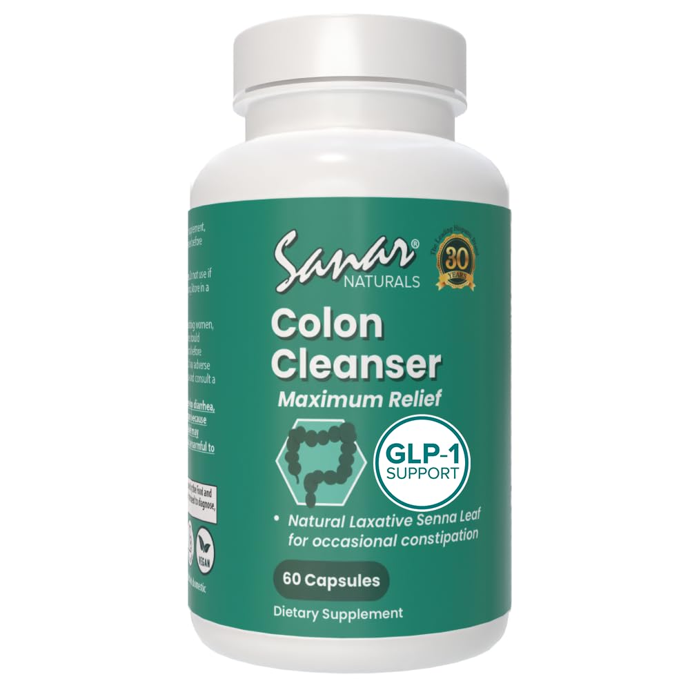 Sanar Naturals Colon Cleanser Max Relief - Senna Leaf Soft Laxative - GLP-1 Desteği - Destekler Detox Cleanse ve Gut Health, Digestive Support Supplement for Women & Men, 60 Capsules
