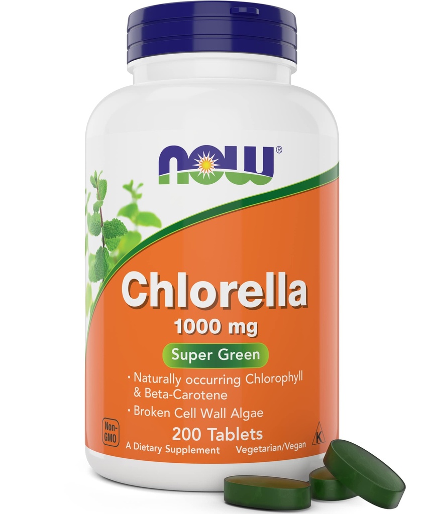 Τώρα Chlorella 1000mg Tablets - 200 Count (Pack of 2) - Φυσικό Occuring Chlorophyl, Beta- Carotene - Μη- ΓΤΟ, Vegan - Πράσινο συμπλήρωμα διατροφής για γυναίκες και άνδρες
