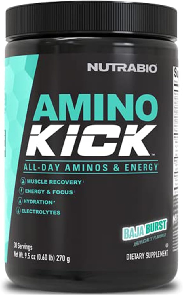 NutraBio Dee Kick – BCAA Toz Doğal Caffeine – Enerji, Hydration & Recovery – BCAAs, Electrolytes & Amino Asits – Baja Burst, 30 Hizmet