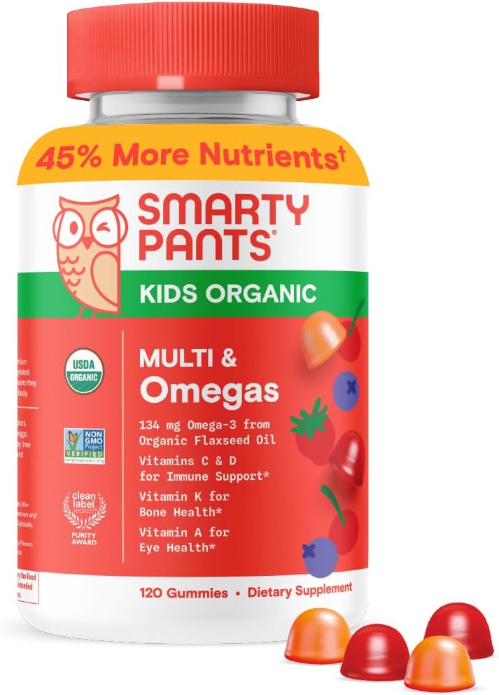 SmartyPants Organic Kids Multivitamin Gummies: Omega 3 (ALA), Vitamin D3, C, B12, B6, A, K & çinko Immune Support, Biotin, Vegetarian, Three Fruit Flavors, 120 Count (30 Day Supply)