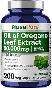 NusaPure Oregano Yağı 20000 mg | 200 Veggie Toz Kapsülleri | Doğal Occurring Carvacrol | Non-GMO ve 65:1