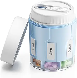 Daviky Pill Bottle Organizer, Supplement Organizer με 7 μεγάλα διαμερίσματα, Travel Pill Dispenser Round Pill Box με δύο Lids (μπλε)