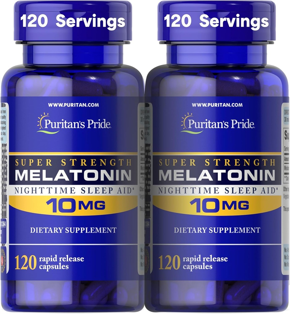Puritan's Pride Premium Super Strength Melatonin 10 mg Sleep Aid, Dietary Supplement for Sound, Restful, & Longer Sleep Support, 4 Ay Supply, 120 Hızlı Yayın Kapsülleri, 2 Pack (Pazar Mayıs Vary)
