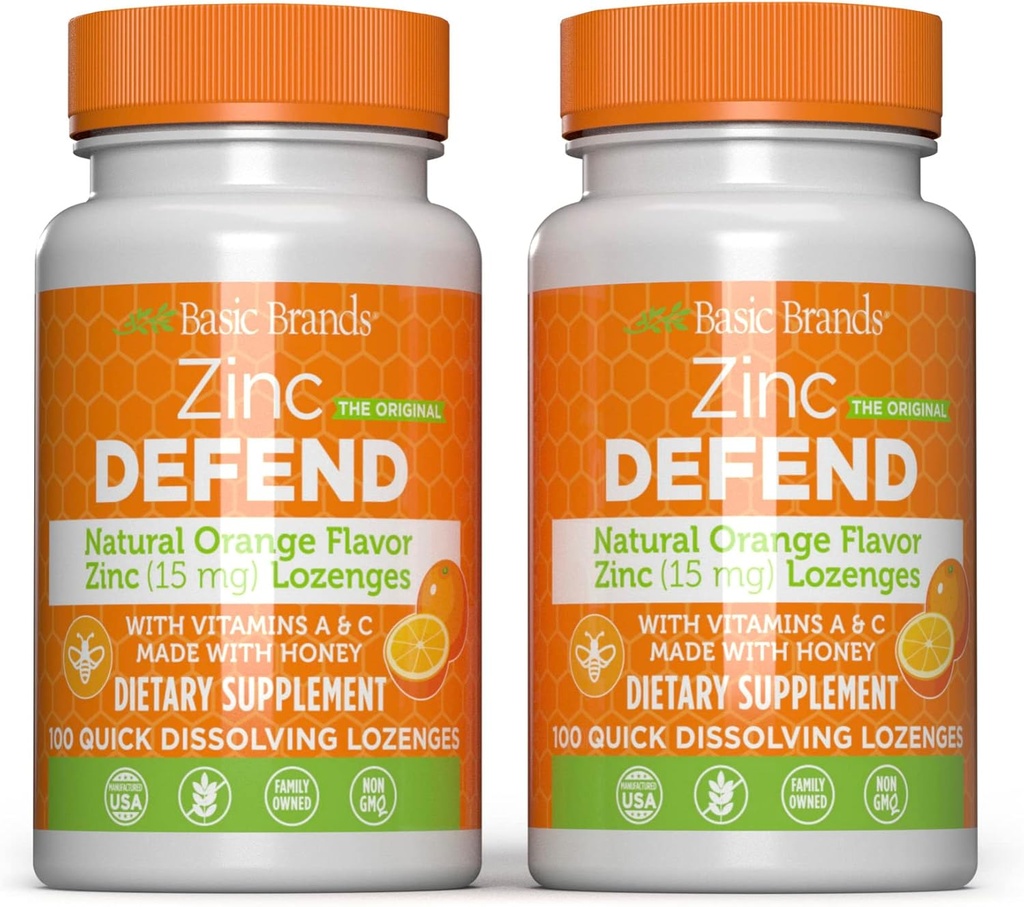 Βασικές Μάρκες – Ψευδάργυρος Orange Defense - 100 Lozenges - Φυσικό Orange Flavor Zinc–Lozenges - Ανοσοποιητική ενίσχυση, κρύο ανακούφιση, μη GMO, ψευδάργυρος Acetate & βιταμίνη C - 2-πακέτο