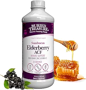 Buried Treasure Elderberry ACF with 4,000 mg Elderberry Sambucus Whole Fruit Inter, C Plus Raw Local Honey Liquid Immune Support 16 ozz