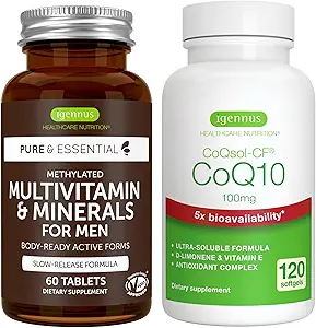 Multivitamin & Minerals for Men + Υψηλή απορρόφηση CoQ10 100mg 120 Softgels Energy Bundle, Παρατεταμένη απελευθέρωση Advanced Multivitamin + CoQ10 with Vitamin E & D-Limonene, by Igenus