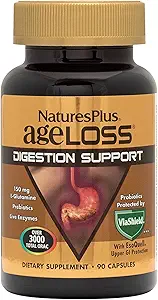 Natures Plus AgeLoss Digestion Support - 90 Κάψουλες - Πρεβιοτικά, Ζωντανά Ένζυμα & 150 mg L-Γλουταμίνη - Χωρίς γλουτένη - 30 Σερβιέτες