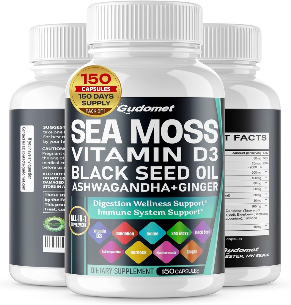 Sea Moss Black Seed Oil - All-in-1 Supplement with Vitamin C Vitamin D3 Ashwagandha Burdockdderwrack Ginger Apple Cider Vinegar Dandelion Sarı Dock