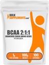 BulkSupplements.com BCAA 2:1 Toz - Branşlı Zincir Amino Asits, BCAAs Amino Asits Toz - Unflavored & Gluten Free, 1g per Service, 100g (3.5 oz)