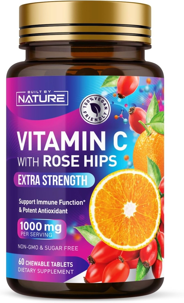 Χτισμένο από τη φύση Μασώμενη βιταμίνη C με Rose HIPS - 1000mg συμπλήρωμα υποστήριξης ανοσοποιητικών - Μη ΓΤΟ, Χωρίς γλουτένη, Vegan - Ισχυρό αντιοξειδωτικό για την ενέργεια & Collagen Boost - Πορτοκαλί Γεύση – 60 δισκία