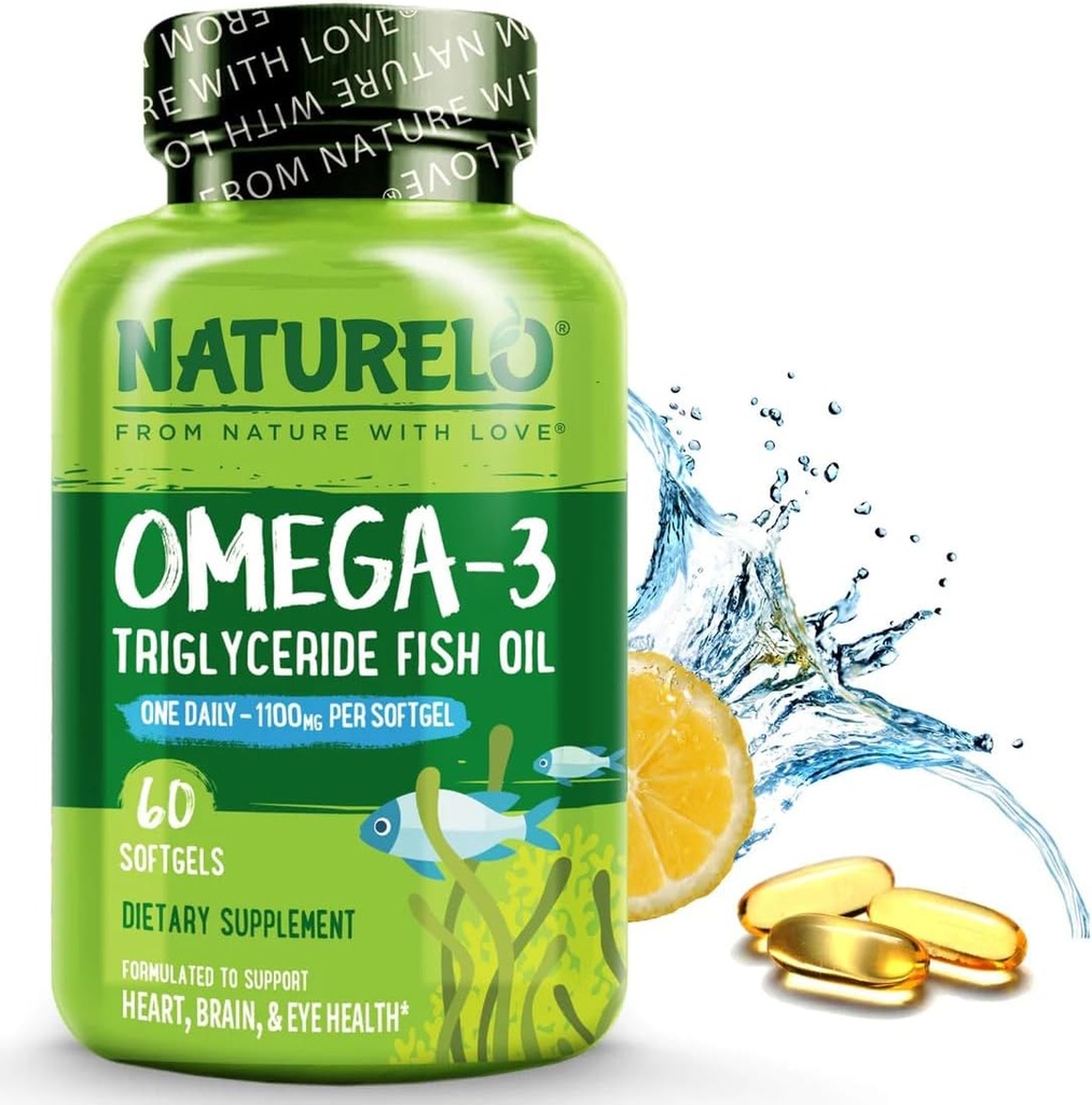 NATLO Burpless Omega 3 Fish Oil Supplement - 1100 mg Triglyceride Omega-3, EPA + DHA, Sıvı Fish Oil for Heart, Eye, Brain, Joint Health - 60 Softgels, 2 Ay Supply