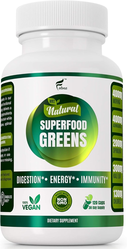 Organik Vegan Super Greens Capsules With Ashwagandha - Immune Support with All Natural Whole Food Nutrients Chlorella, Moringa, Spirulina, Turmeric, Kale. Digestion, Boost Energy - Detox Pills