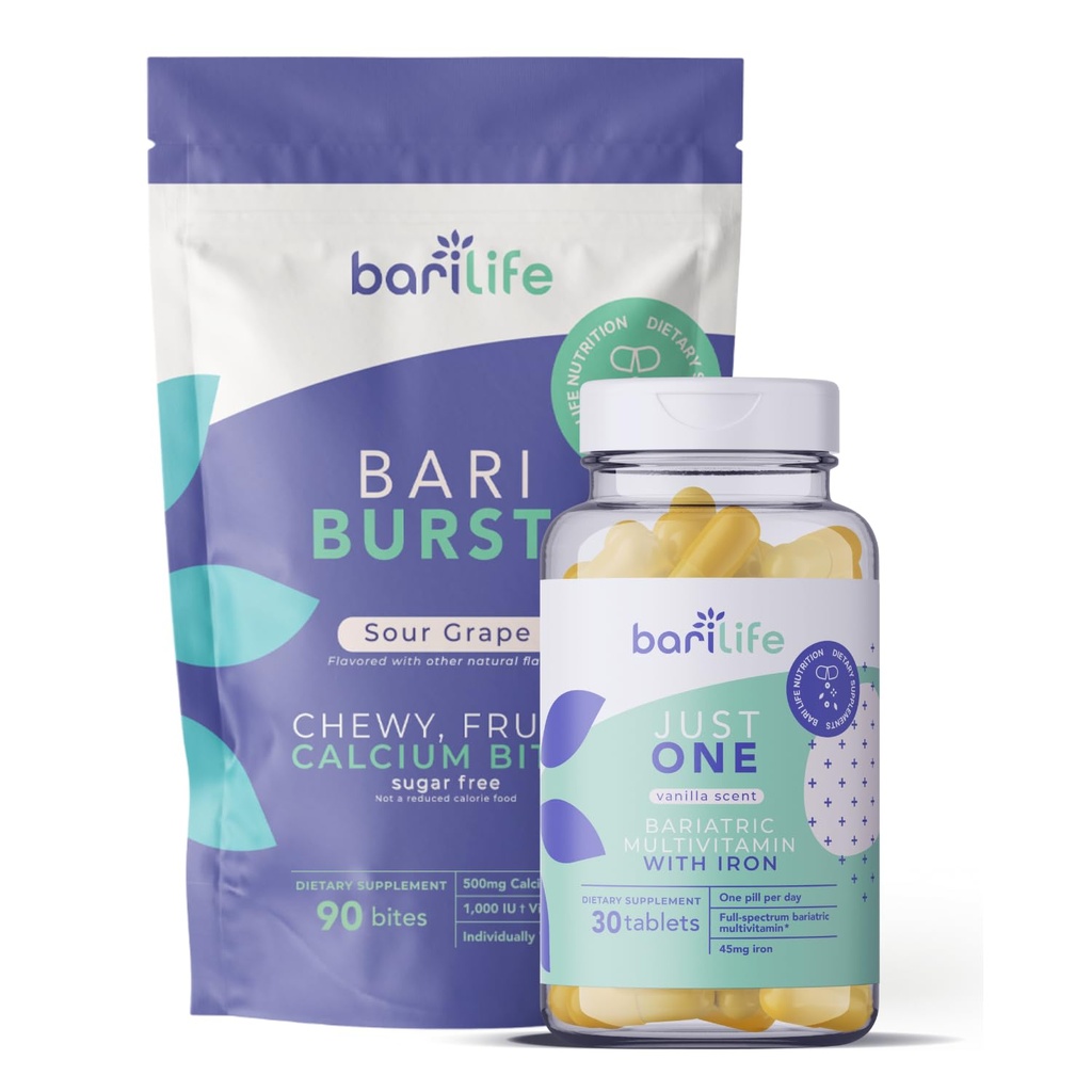 Bari Life Just One, Once Daily Bariatric Multivitamin with Iron (30 Tablet) and BariBurstuba Citrate Soft Chews for Gastrik Bypass, Gastrik Kol ve Duodenal Switch (Sour Grape)