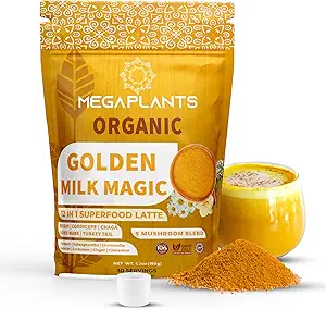 Golden Milk Magic (50 Servings) | Superfood 5 Mushroom Blend for Sleep, Relaxation, Relief | Turmeric, Ashwaghanda, Valerian, Chamomile + 5 Mushroom Blend | Smoothie, Hot Beverage
