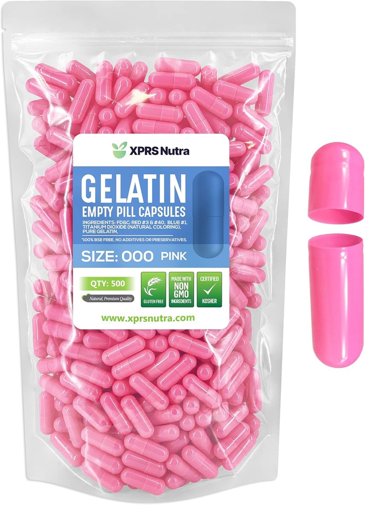 XPRS Nutra Boyutu 000 Boş Kapsüller - 500 Büyük Boş Gelatin Capsules - DIY Supplement Capsule için Pills - Sağlam Renk Gel Caps Pills (Pink)