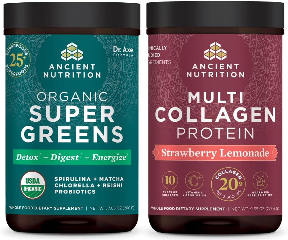 Eski Beslenme Organik Supergreens Toz, Greens Flavor, 25 Hizmet + Multi Collagen Protein Toz, Strawberry Lemonade, 24 Hizmetler