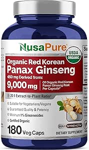 NusaPure Red Korean Panax Ginseng 20:1 Extract, 450 mg Equivalent to 9,000 mg 180 Veggie Caps (USDA Organic, Non-GMO, Vegan, Vegetarian, Bioperine)